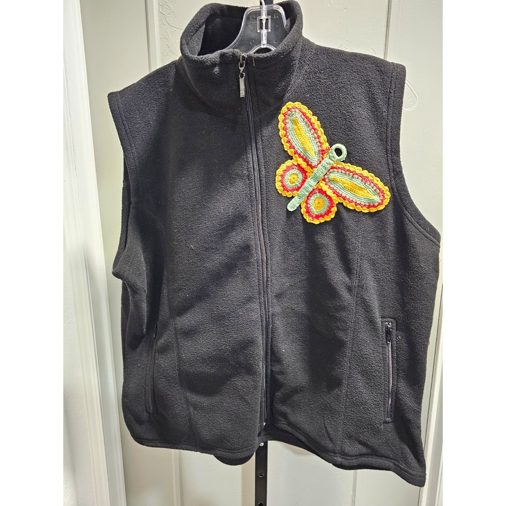 Tri Mountain Women's XL Black Fleece Vest Butterfly Hand Crocheted Custom New